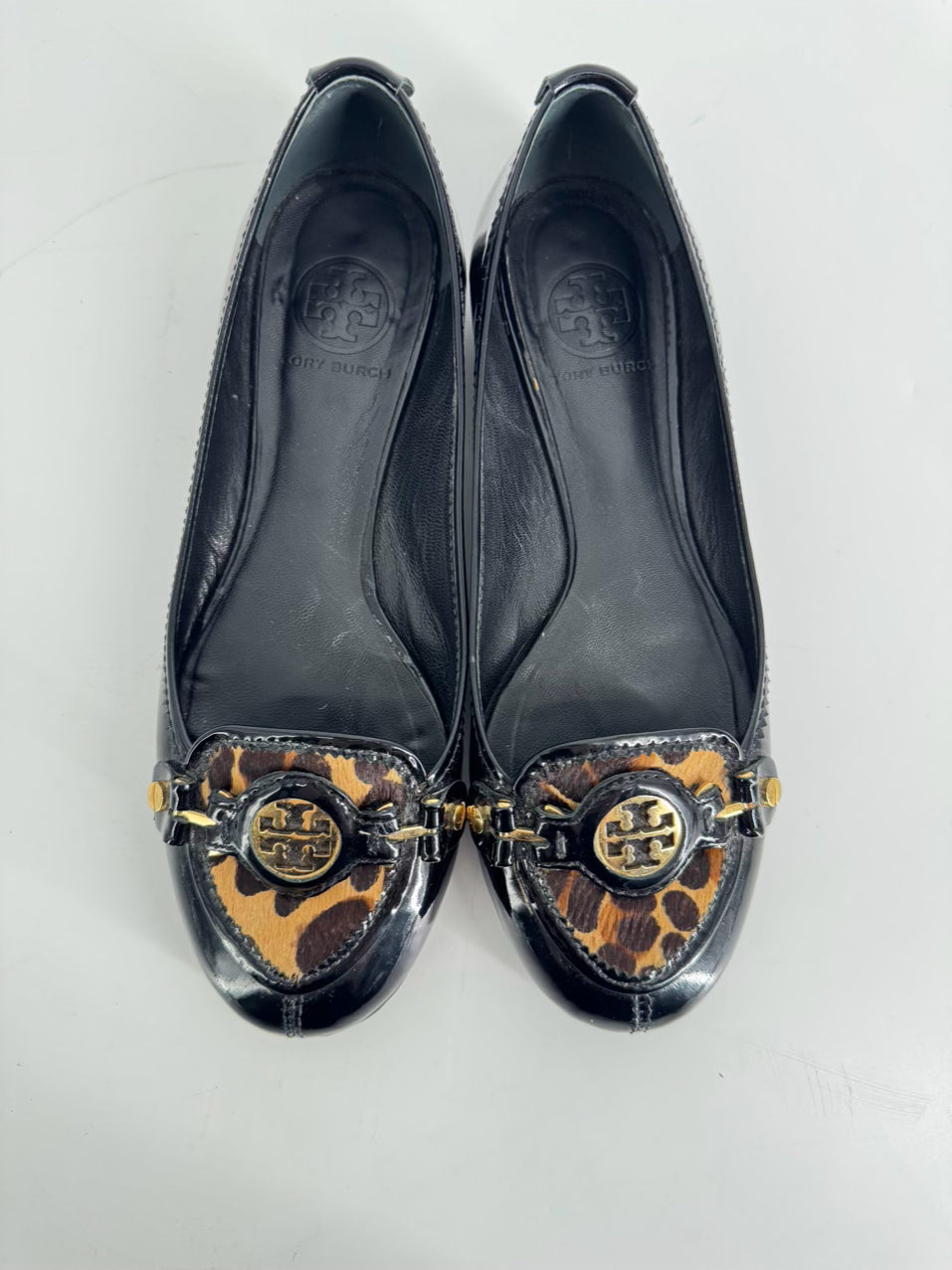 TORY BURCH Size 8 Black Leather Leopard Print Animal Hair Flats