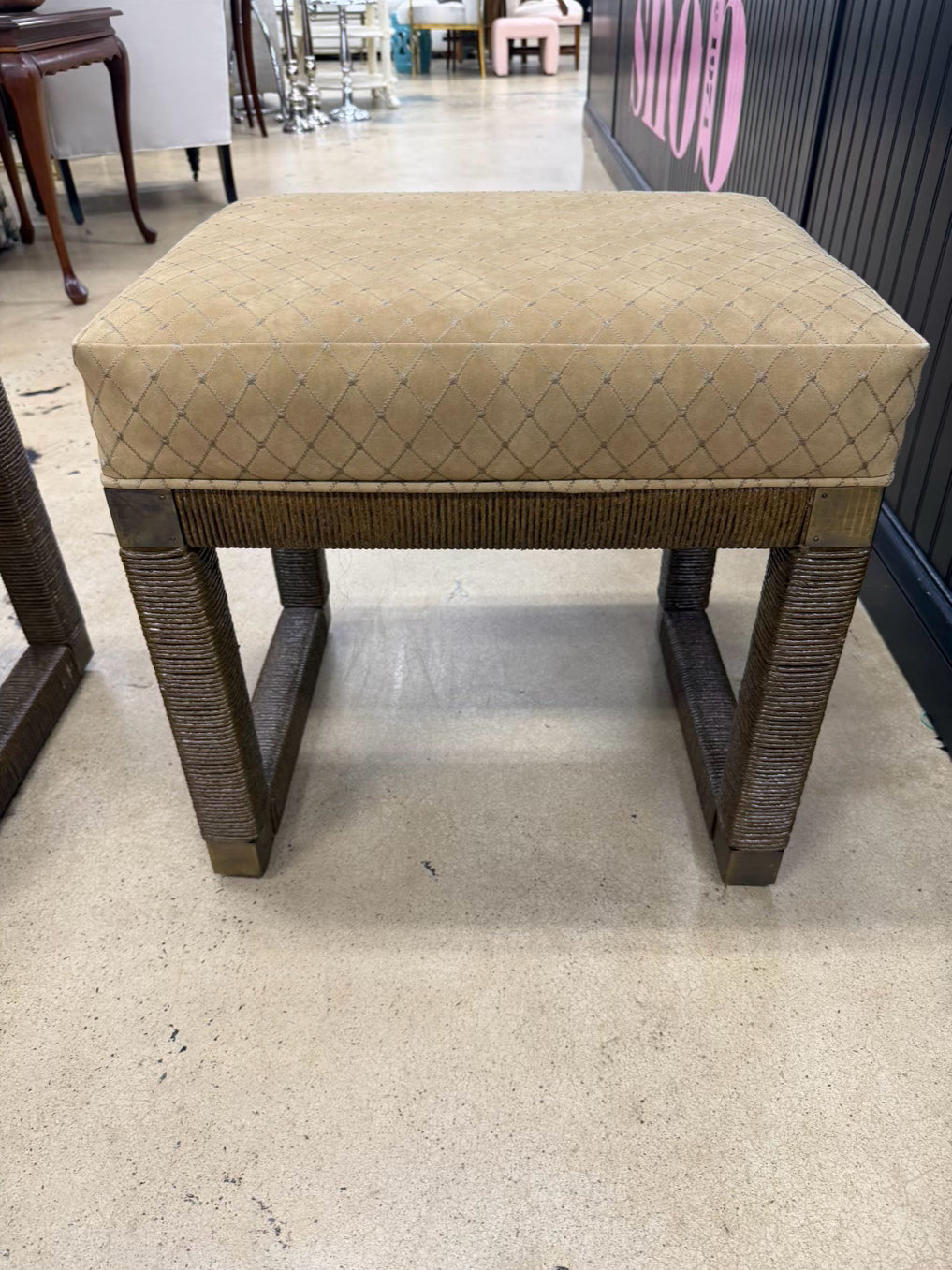 Brown Parsons Woven Pair Of Stools w/ Tan Suede Fabric