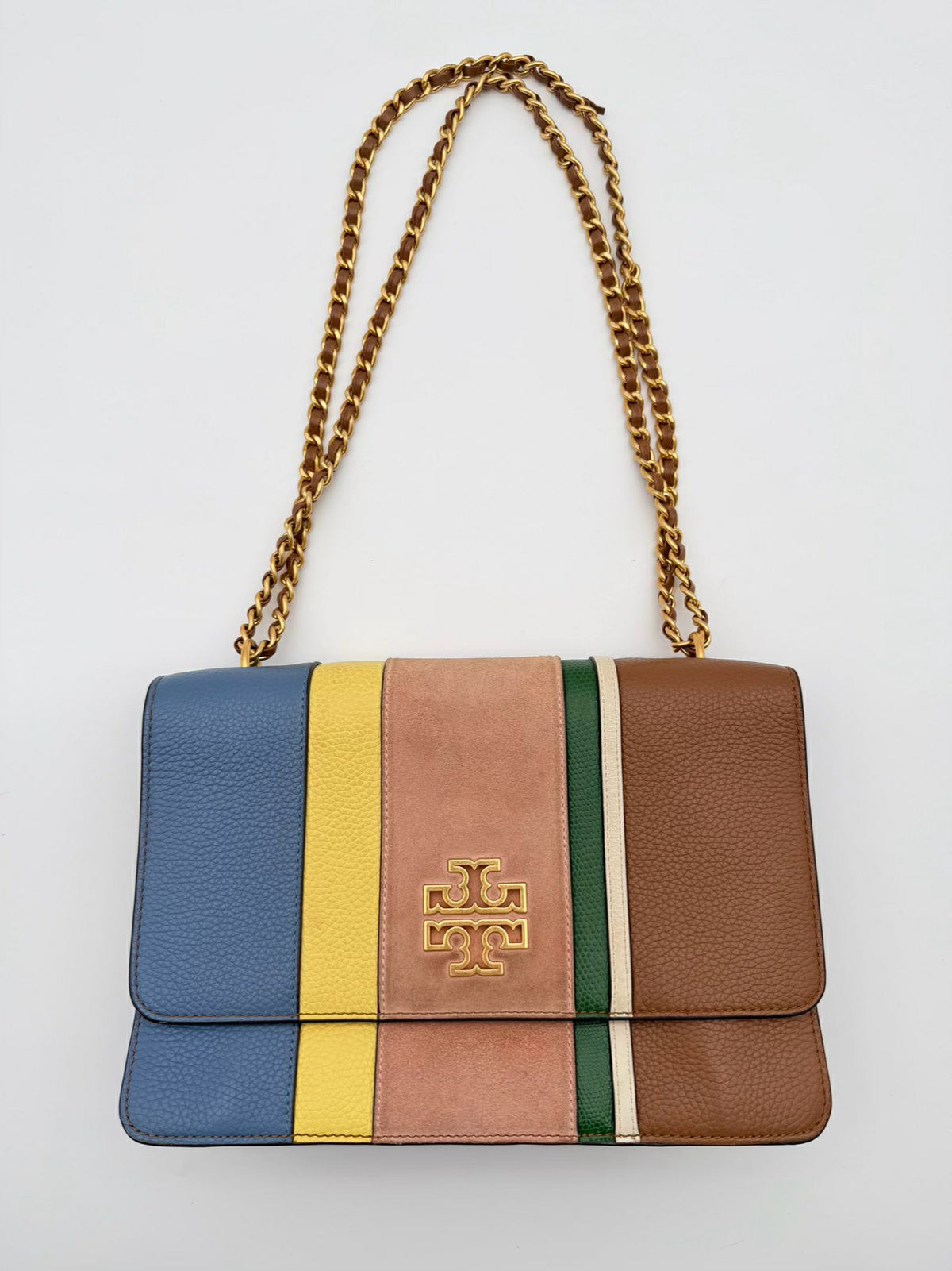 TORY BURCH Brown, Blue & Yellow Britten Stripe Leather Purse