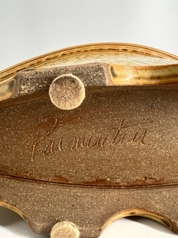 SIGNED Gold & Tan Pottery Vase w/Handles