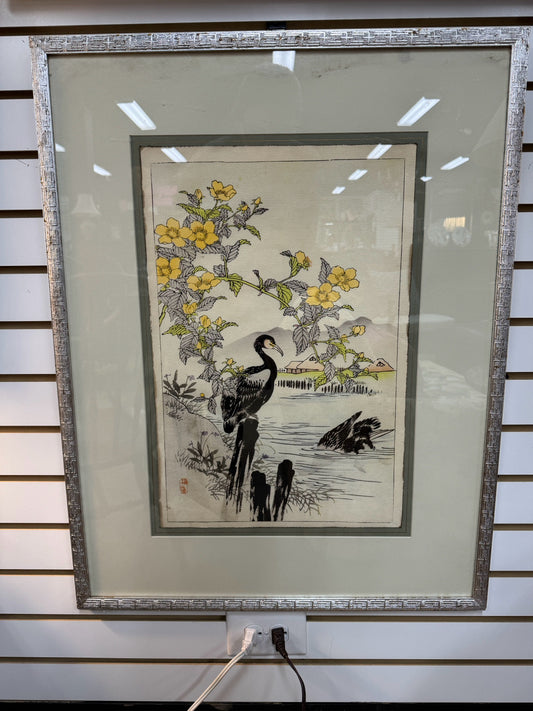 ASIAN Black Bird & Yellow Flowers Print in Silver Frame