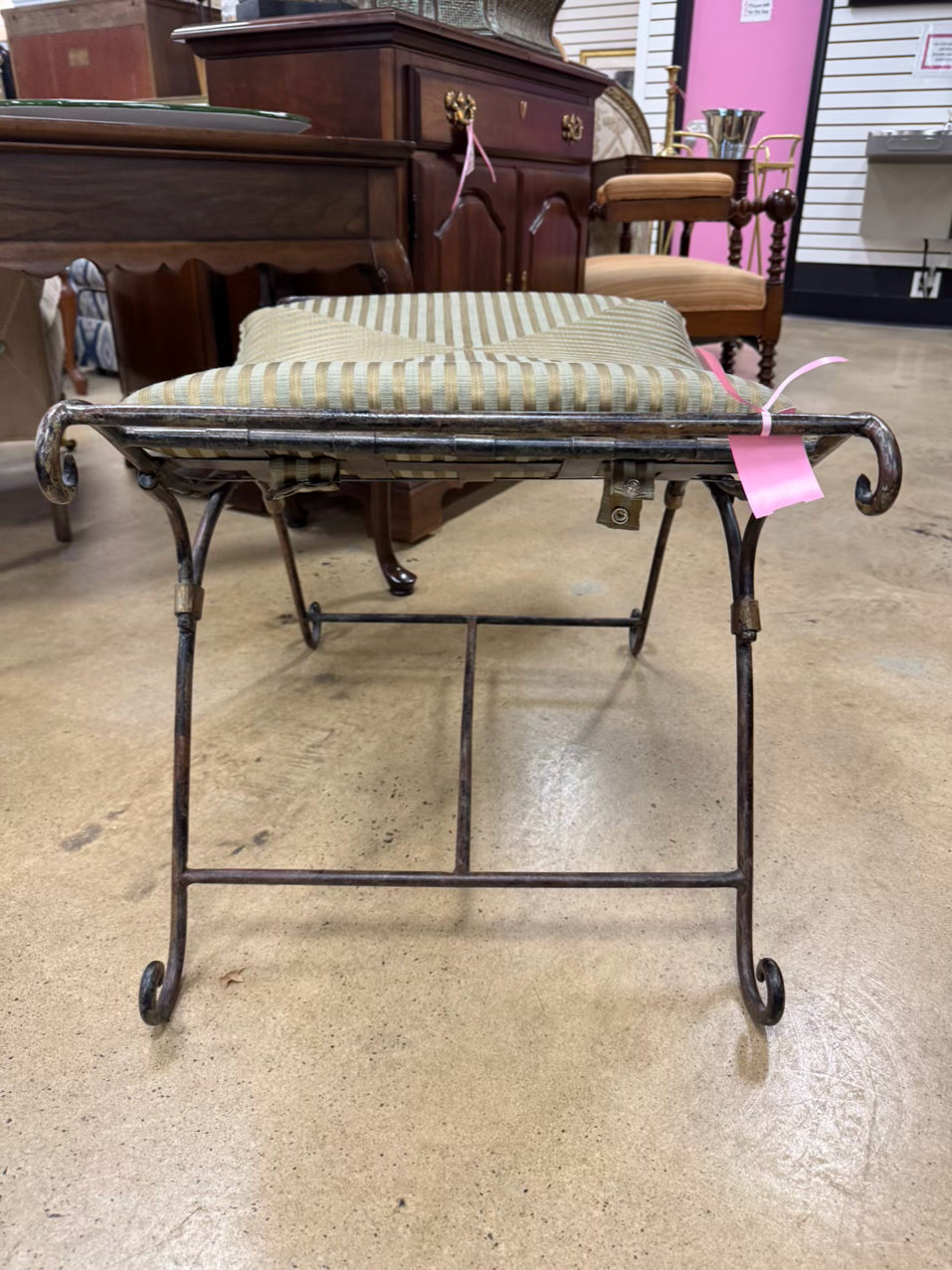 Metal Brushed Gold & Green Stripe Cushion Stool