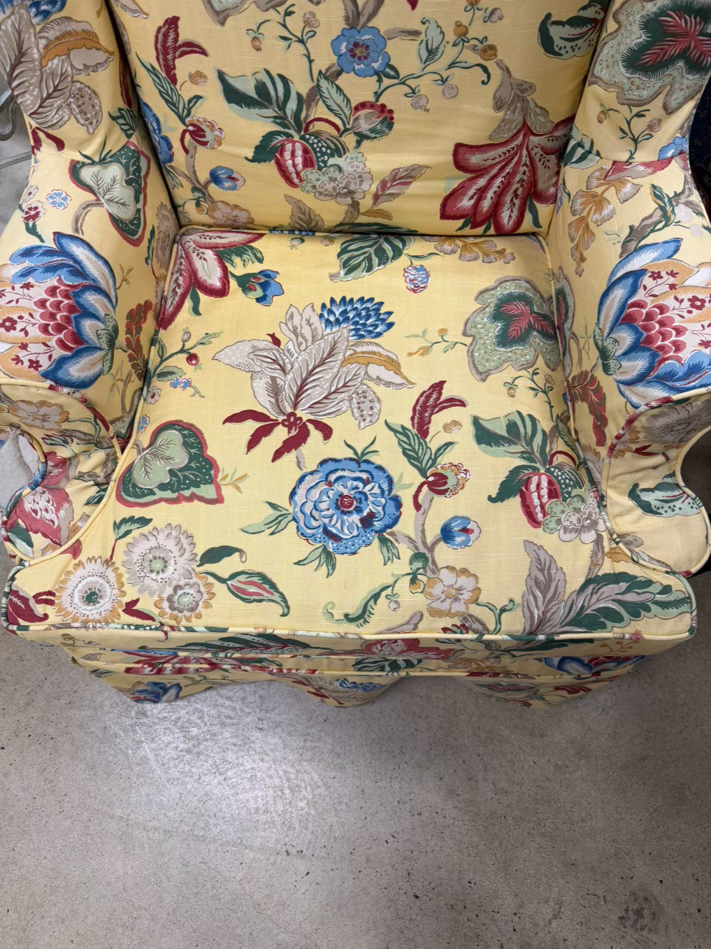 VINTAGE Yellow, Blue, Red & Green Floral Slip Covered Wingback Chair