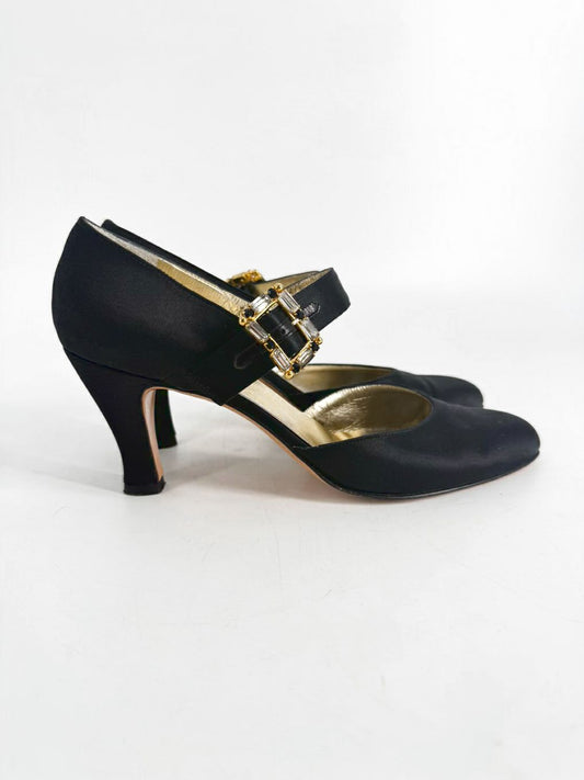 SALVATORE FERRAGAMO Size 7.5 Black Satin Heels