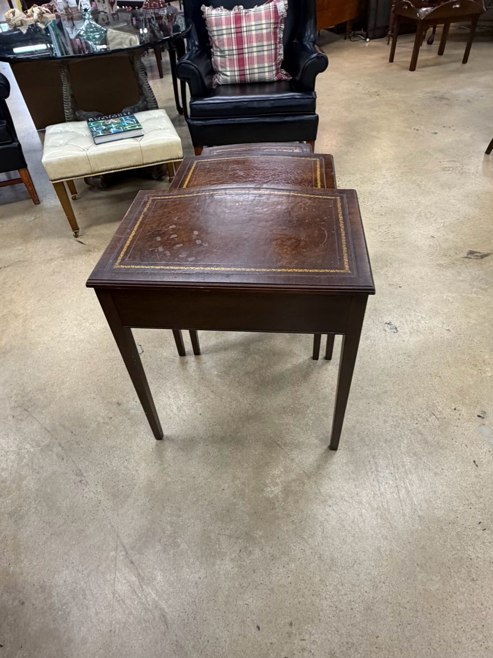 Dark Wood & Leather Nesting Tables Set of 3