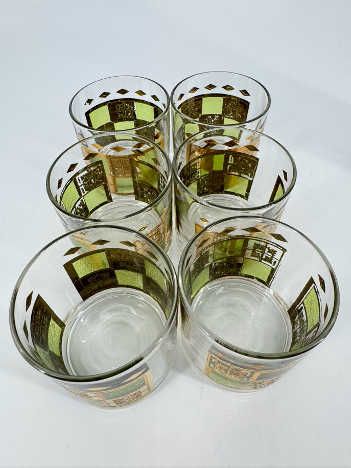 VINTAGE Green & Gold Martini Pitcher w/ 6 Glasses