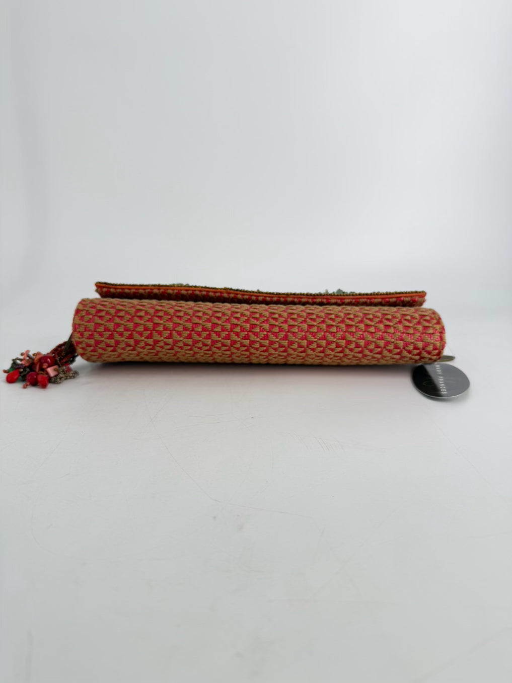 MARY FRANCES Orange, Blue & Pink Fabric & Beads Beaded Clutch Bag NWT