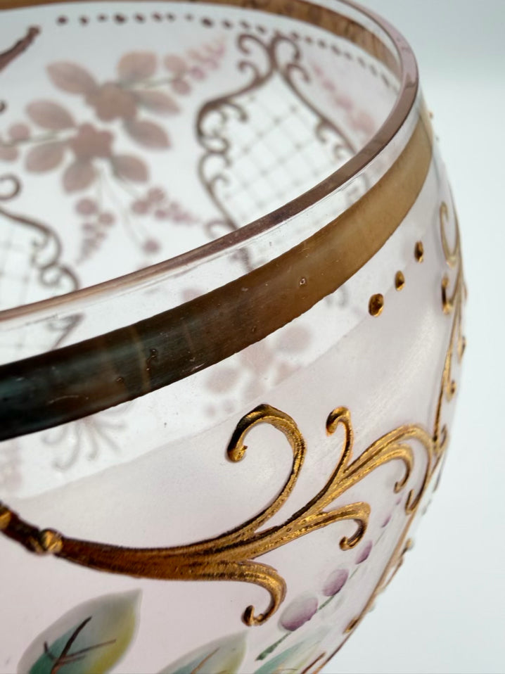 Pink , Gold & White Painted Crystal Pair Of Large Wine Glasses
