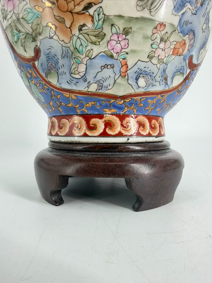 Blue, White & Rust Oriental Porcelain Birds Lamp No Shade