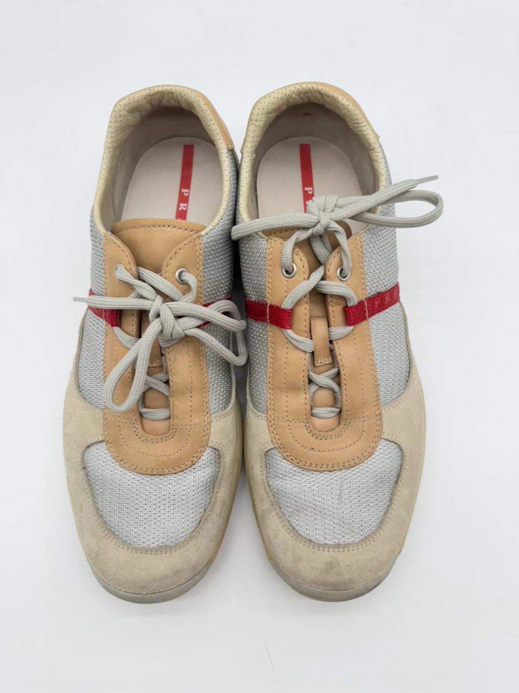 PRADA MENS Size 9.5 Tan & Silver Sneakers