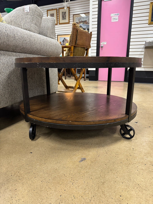 Wood & Metal Round Industrial Coffee Table on Wheels