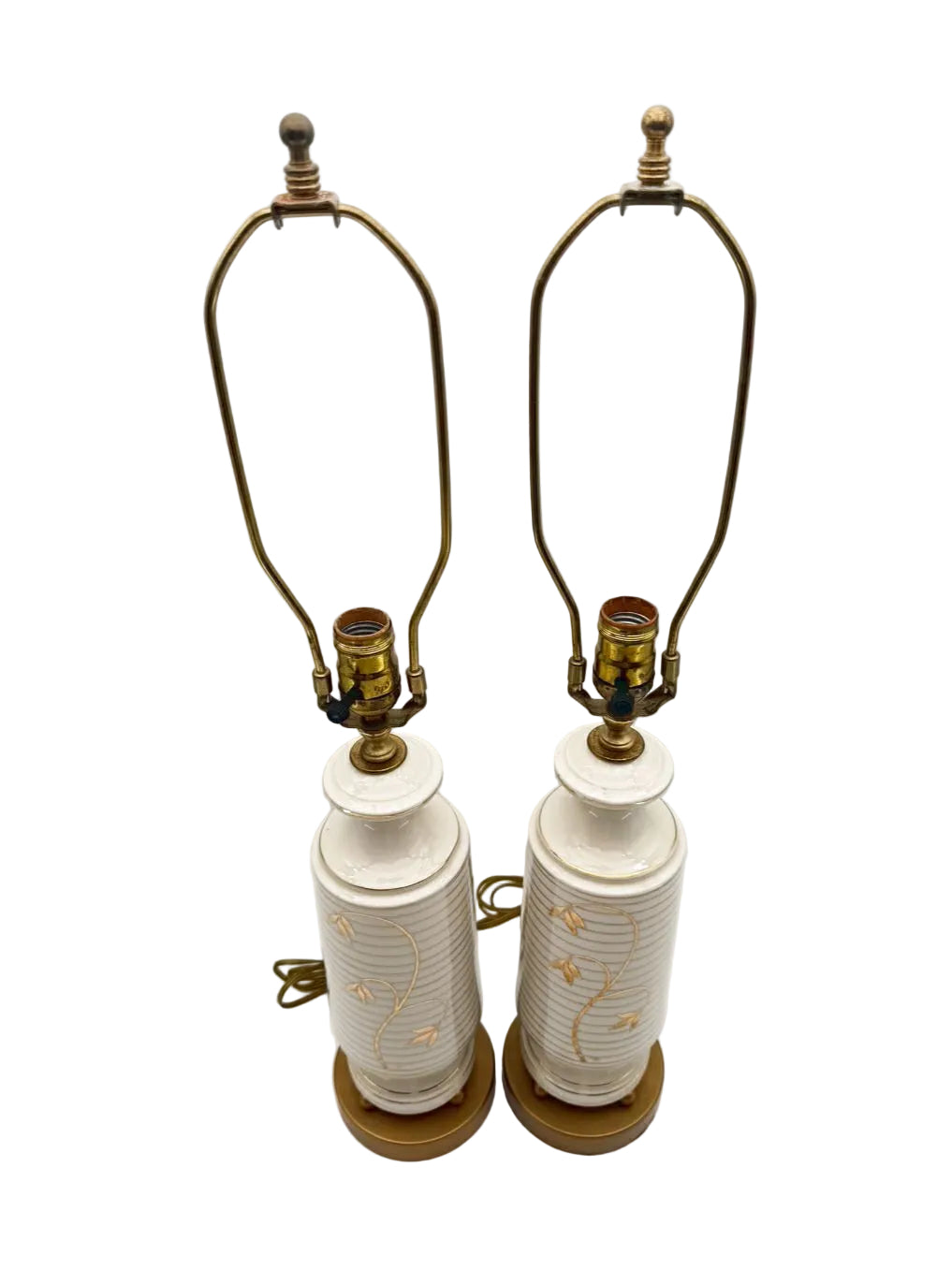 MID CENTURY White & Gold Cylinder Ceramic Pair Of Lamps No Shades