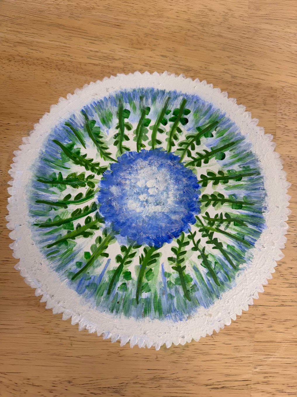 Blue, White & Green Natural Wood Hand Painted Boarder Round Table