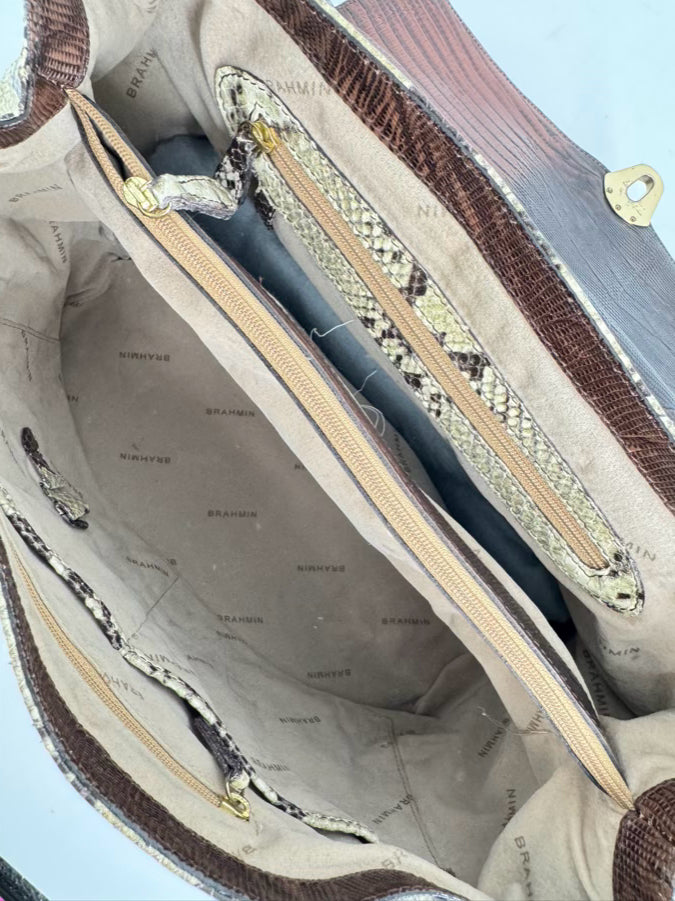 BRAHMIN Cream & Brown Leather Snake Print Purse