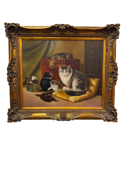 SIGNED R. MONTES Cats Painting In Bronze & Gold Frame