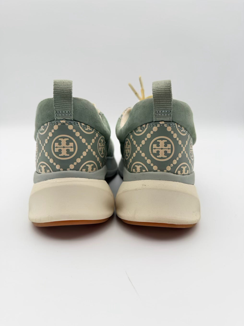 TORY BURCH WMNS Size 8.5 Teal & White Leather Monogram Sneakers