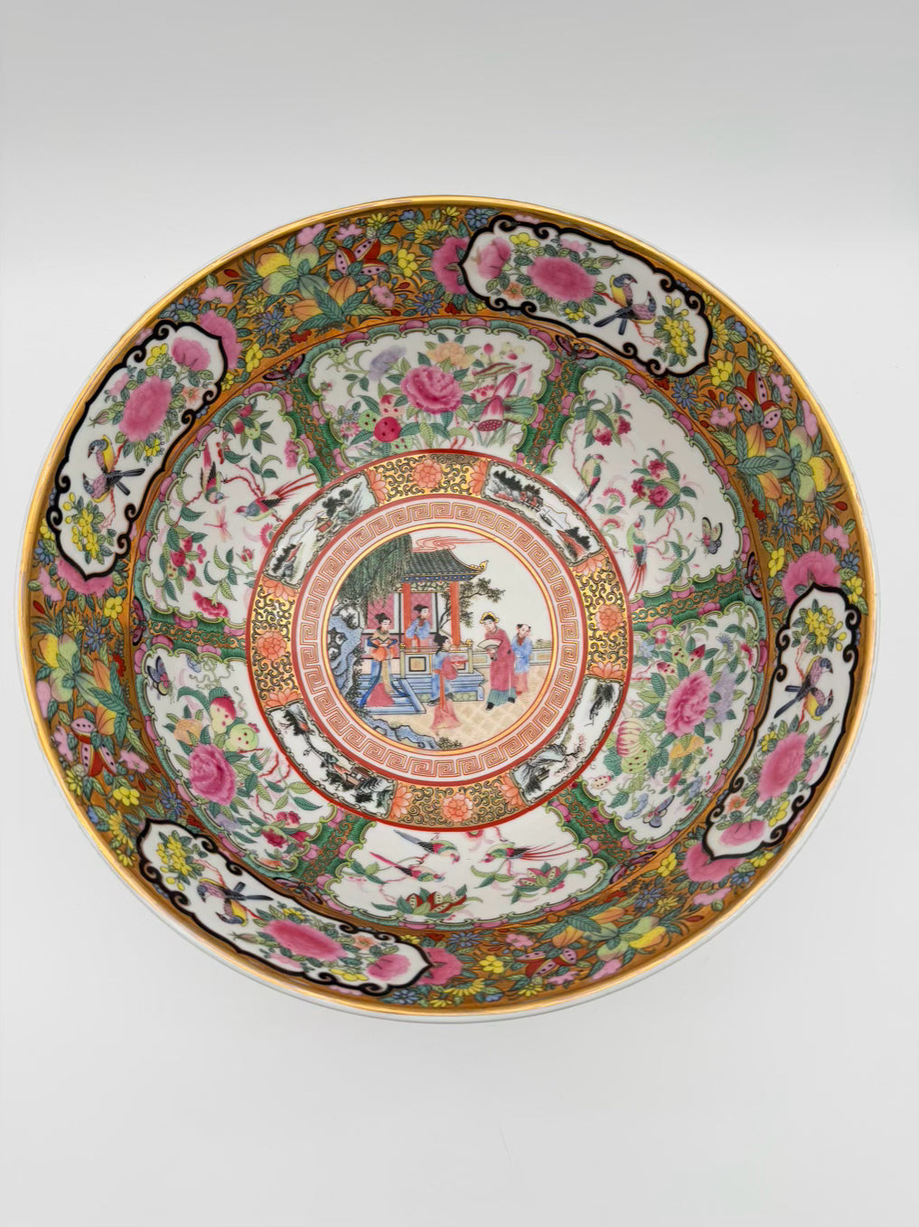 Rose Medallion Porcelain Large Bowl w/ Brass Bowl Holder