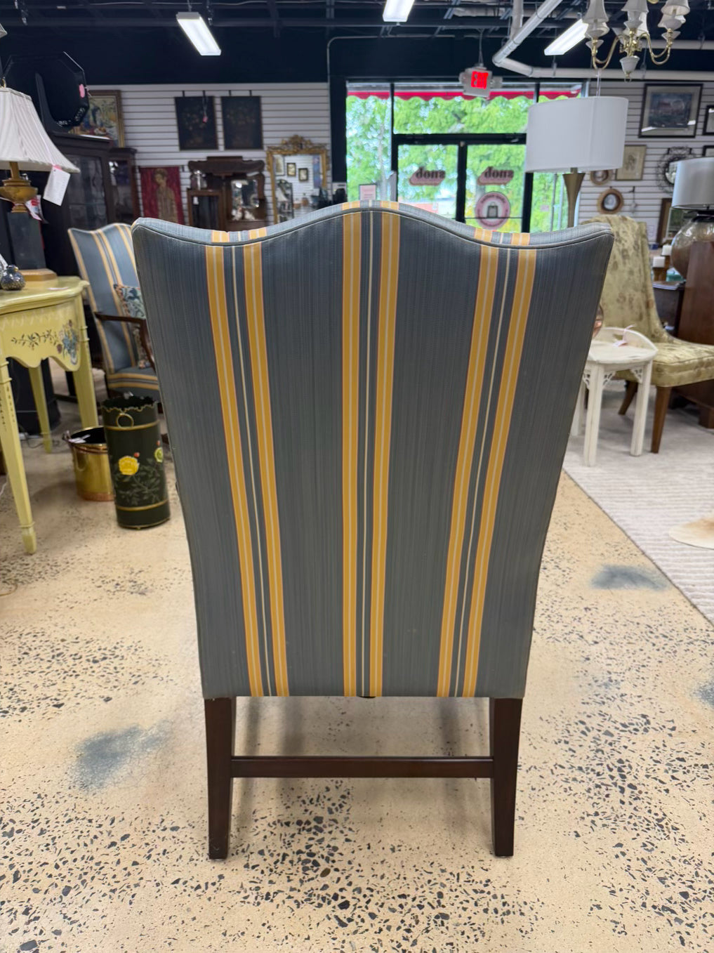 KINDEL MARTHA WASHINGTON Wood Chair w/ Blue & Yellow Stripe Fabric
