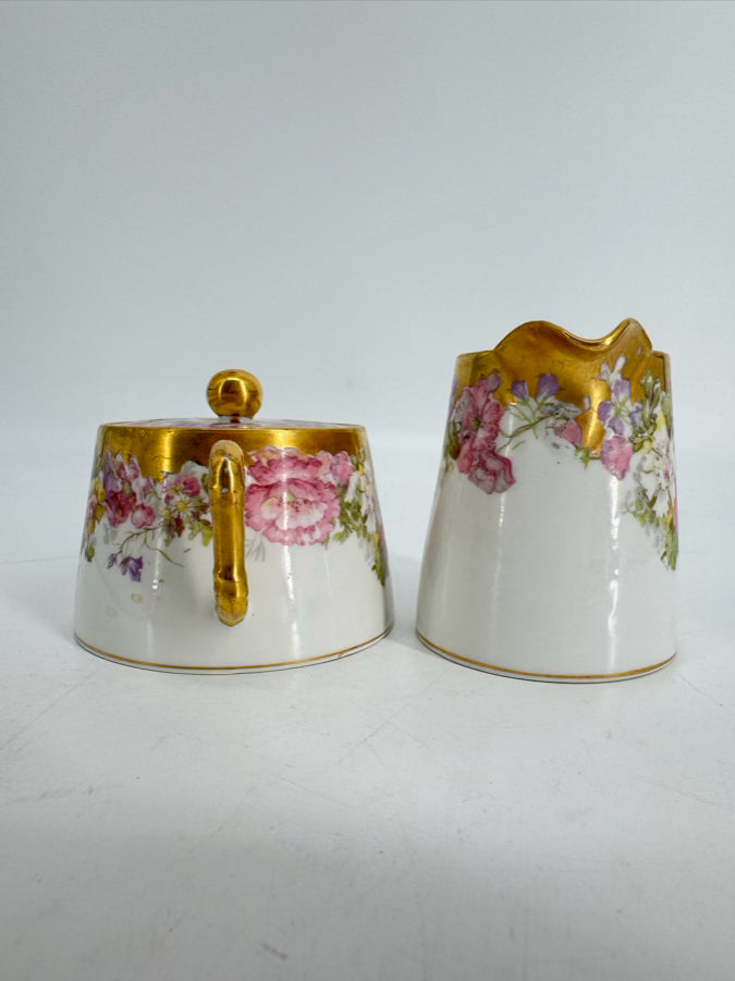 LIMOGES Pink, Purple & Gold Floral Porcelain Cream & Sugar