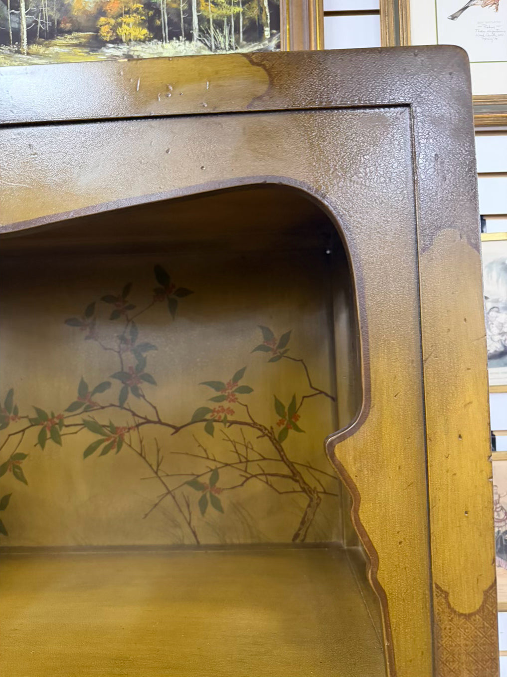 Gold & Red Wood Asian Inspired Tree Cabinet w/ Open Upper Shelf