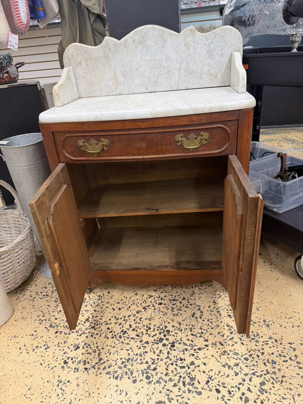 ANTIQUE Dark Brown Wood Wash Stand w/ Marble Top