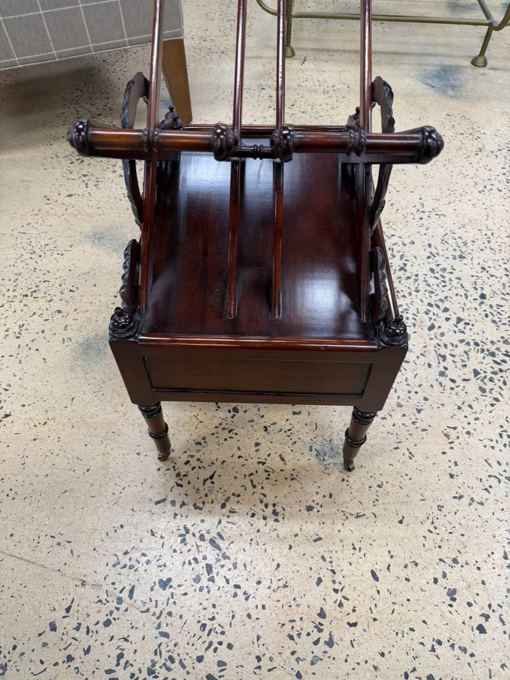 ENGLISH Dark Mahogany Canterbury Rack Magazine Stand w/ Bottom Drawer