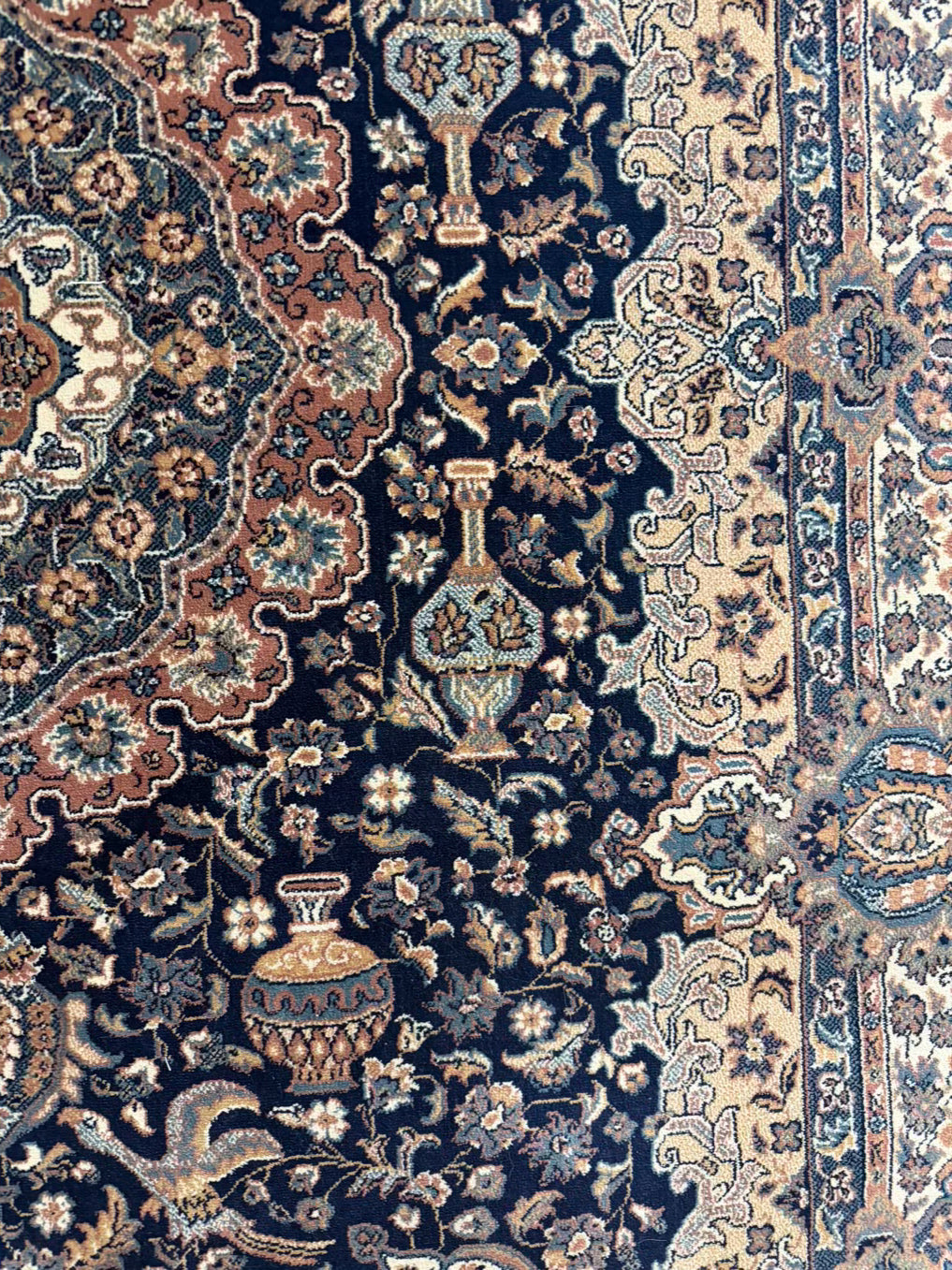 KURDAMIR Navy, Salmon Oriental Area Rug w/ Fringe