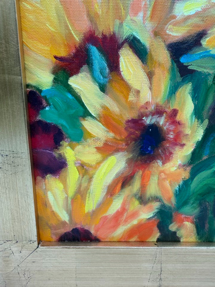 SIGNED CAROL WILLIS Black Eyed Susan's Oil Painting In Gold Frame