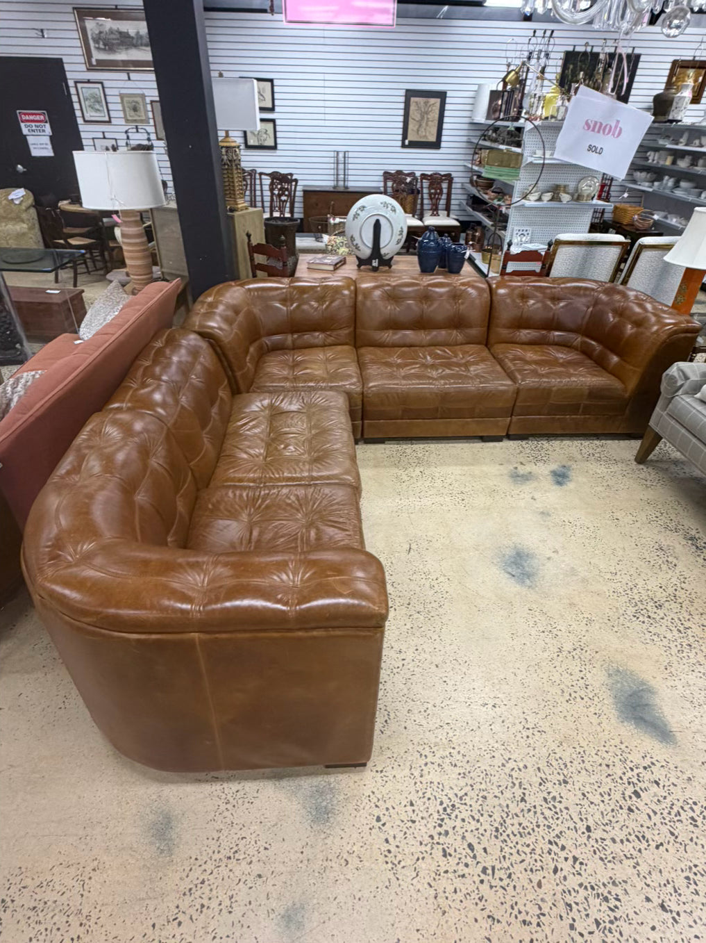 POTTERY BARN Brown Leather 5 Piece Sectional Sofa