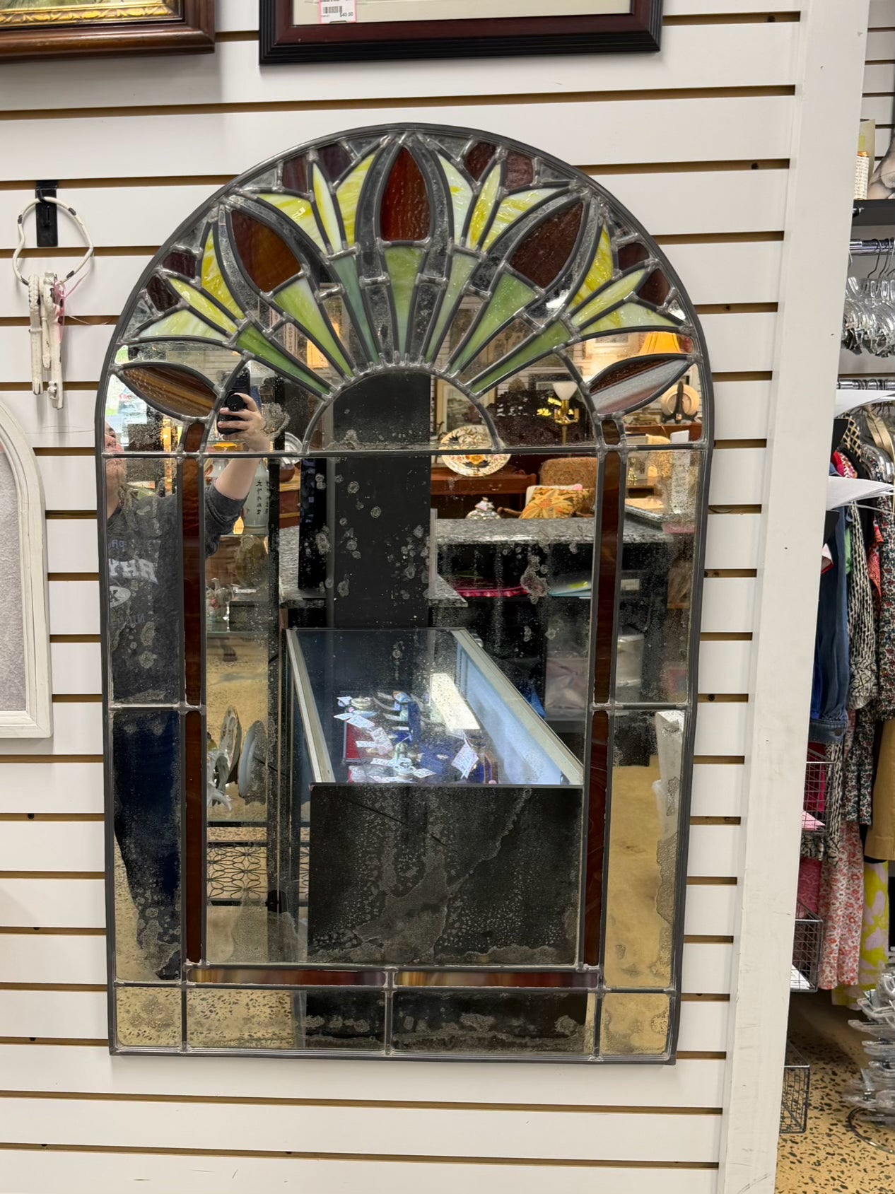 Stained Glass Arched Mirror w/ Flower Design