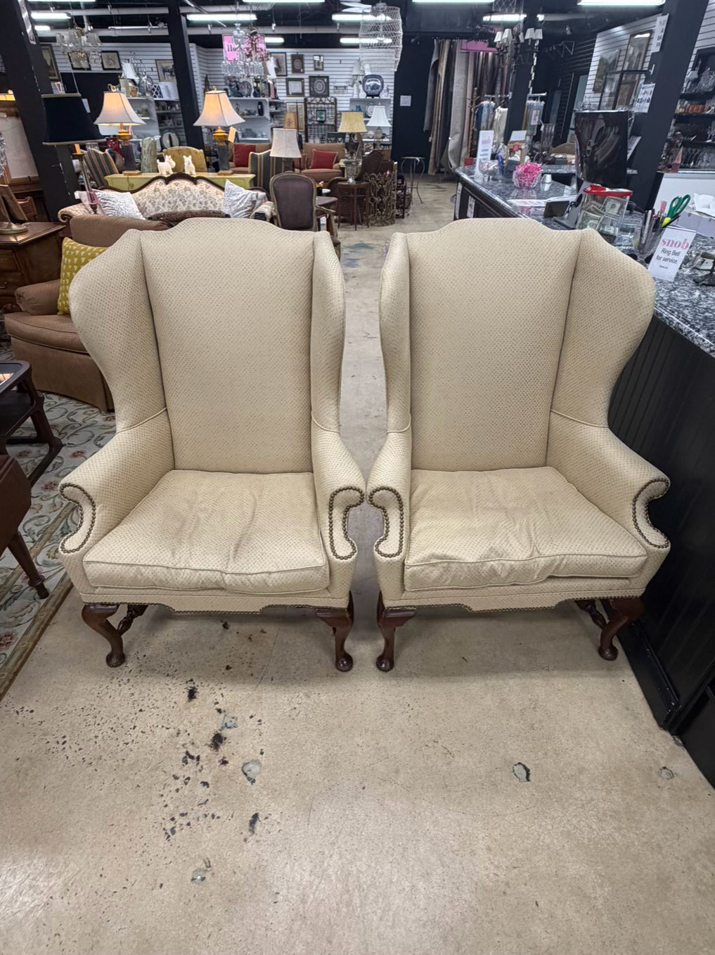 VINTAGE Queen Ann Ivory Pair Of Wingback Chairs w/ Nail Head Detail