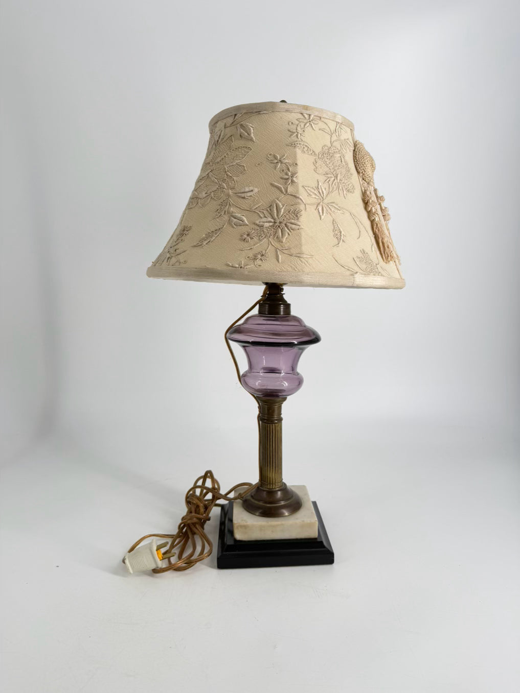 ANTIQUE Purple Glass, Brass, & Marble Lamp w/ Needlework Shade