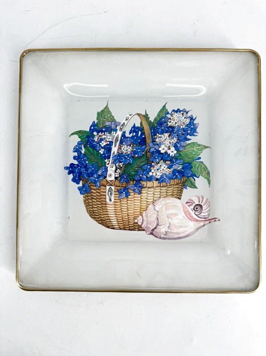 Painted Glass Hydrangeas in Basket & Seashell Square Plate