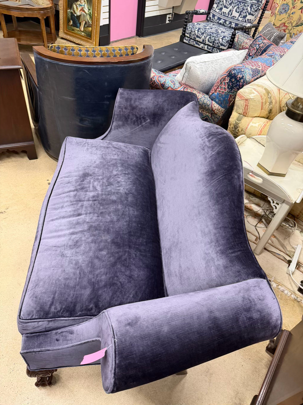VINTAGE Wood Ball & Claw Love Seat w/ Purple Velveteen Fabric
