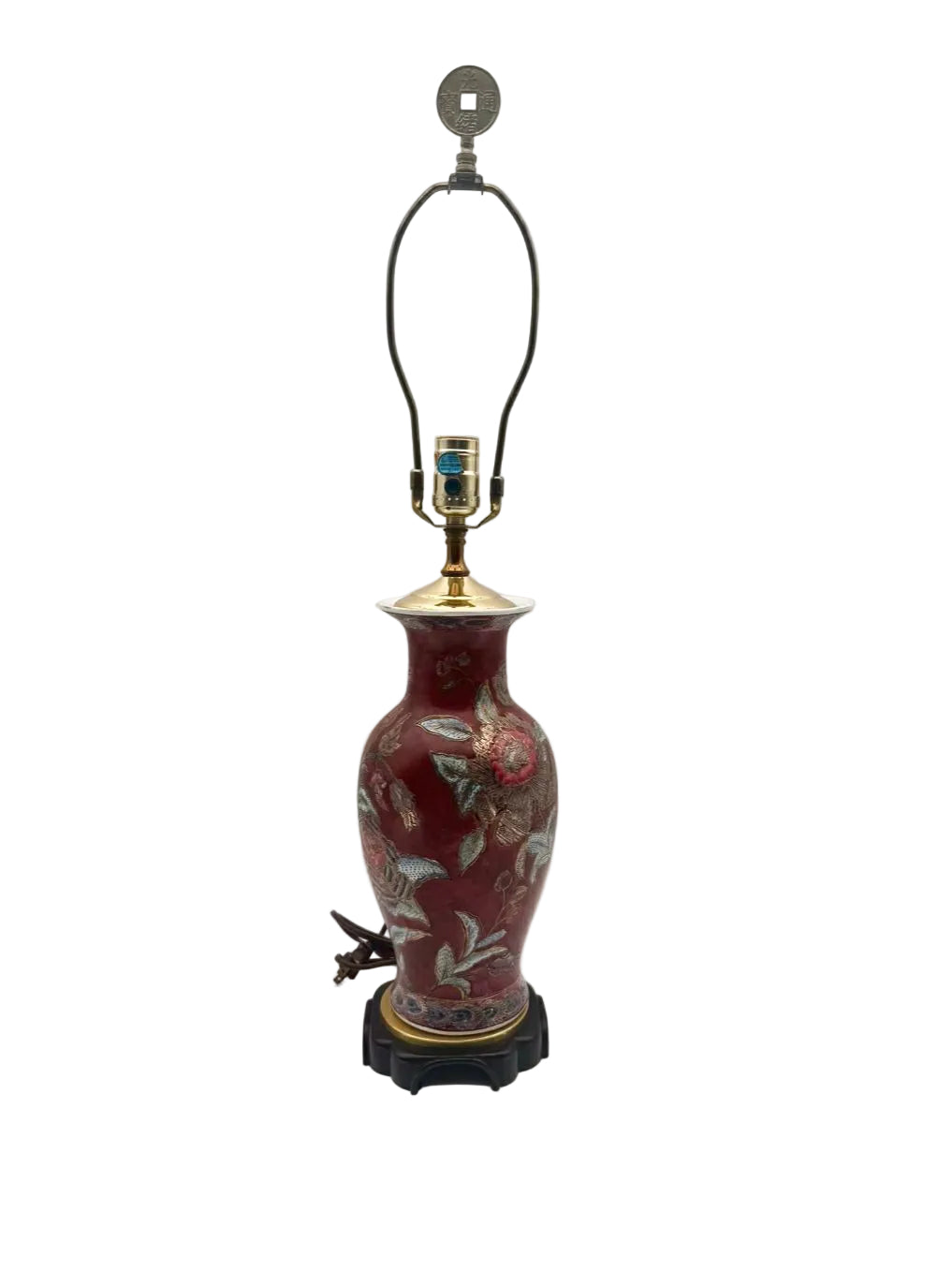 Burgundy & Blue Porcelain Jar Asian Inspired Lamp On Brown Wooden Base