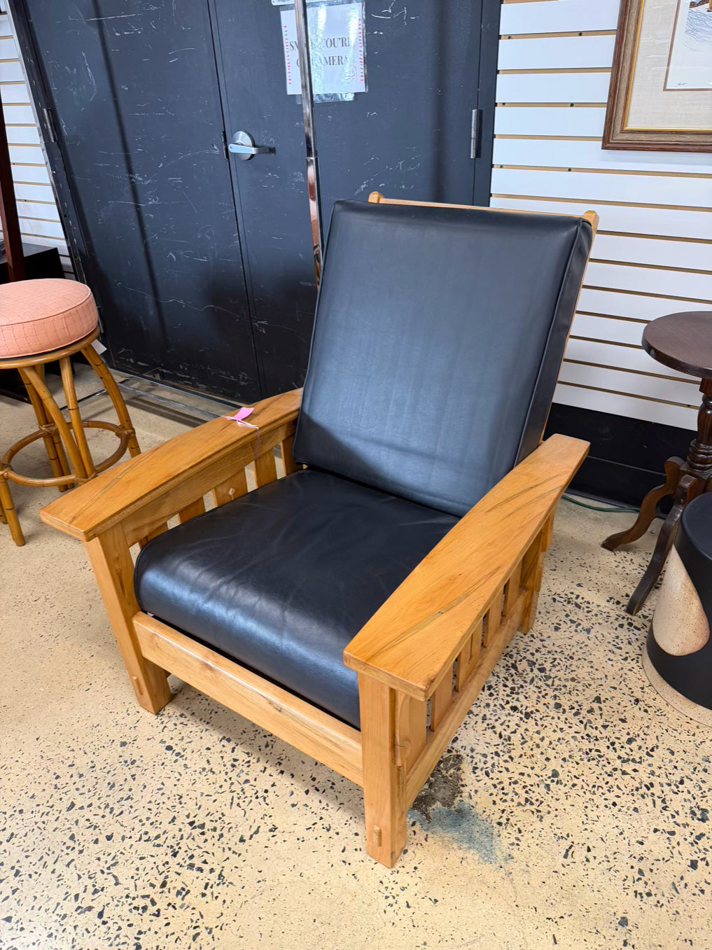 HAND CRAFTED Light Maple William Morris Style Chair w/ Black Leather Cushions
