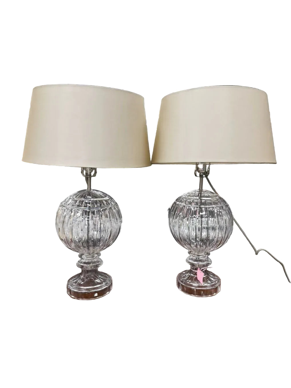 Clear Glass Ball Pair Of Lamps w/ Beige Shade