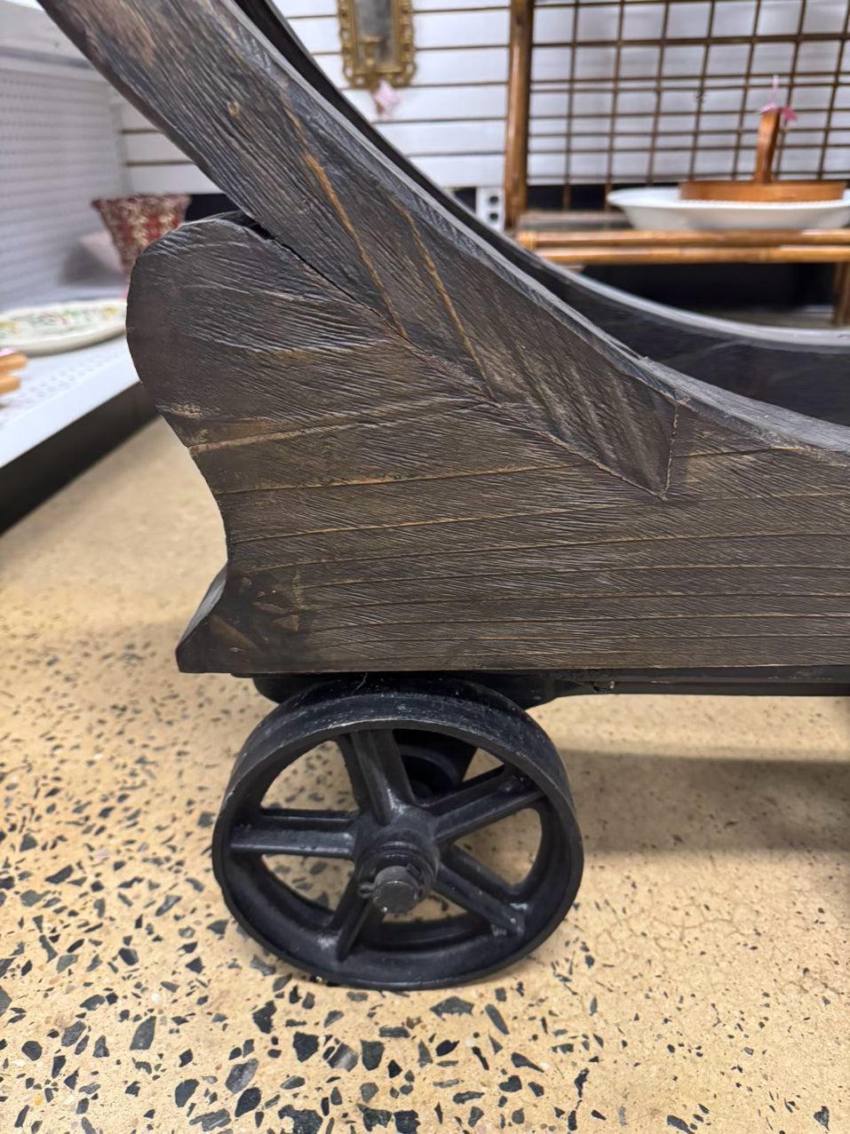 RESTORATION HARDWARE Black Wood & Iron Industrial Rolling Bar Cart