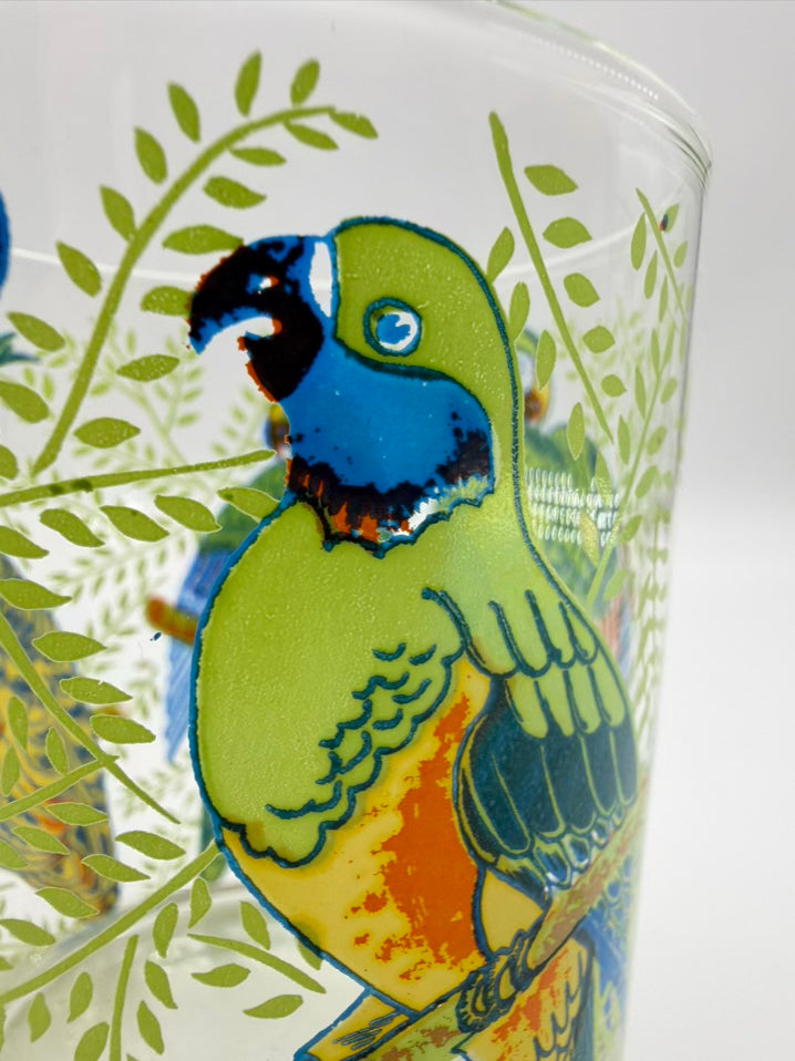VINTAGE NEIMAN MARCUS Clear, Green & Yellow Set of 6 Tropical Parrot Glasses