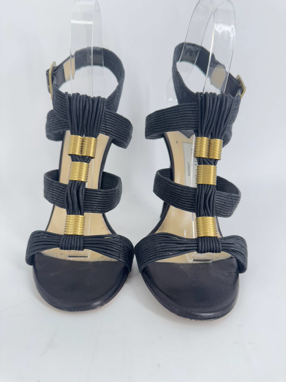 JIMMY CHOO Size 37.5 Black & Gold Leather Strappy Pumps