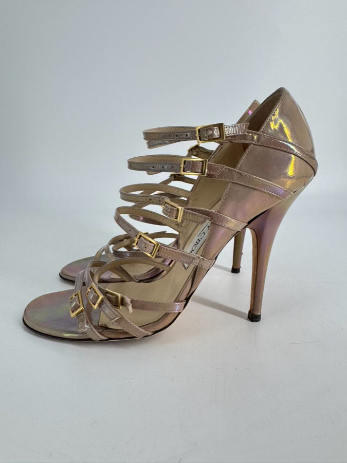 JIMMY CHOO Size 37.5 Metallic Iridescent Leather Atlas Gladiator Pumps