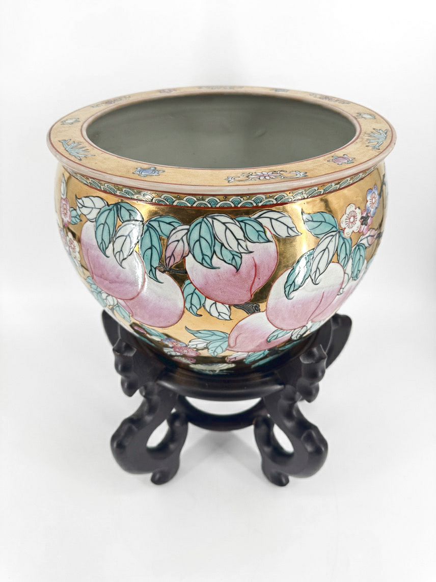 Pink & Aqua Porcelain Fish Planter on Wooden Stand