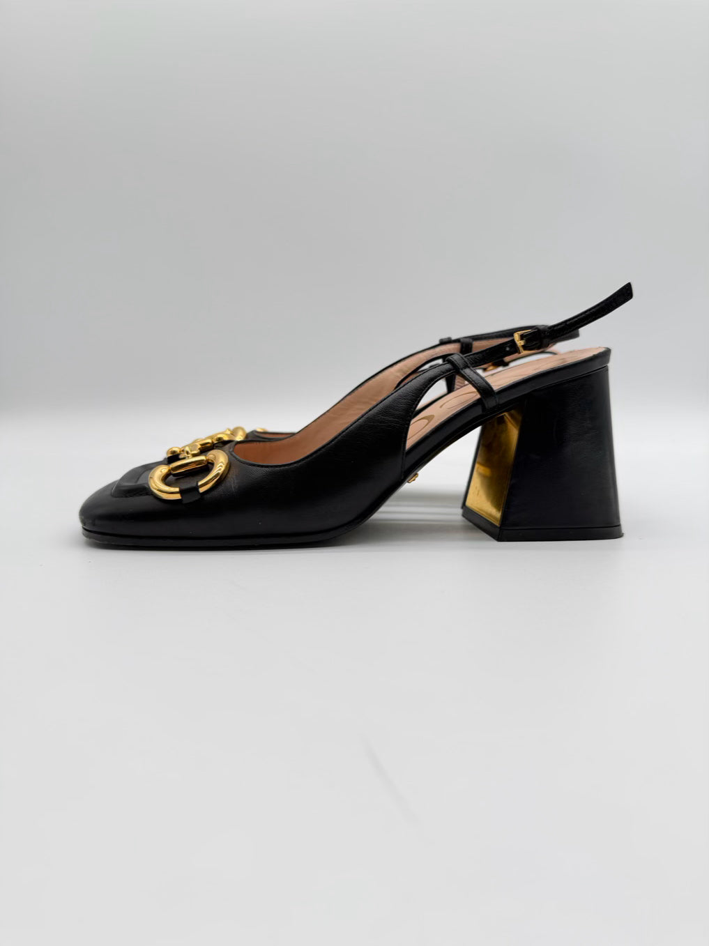 GUCCI WMNS Size 36.5 Black Leather Horsebit Accent Slingback Block Heel