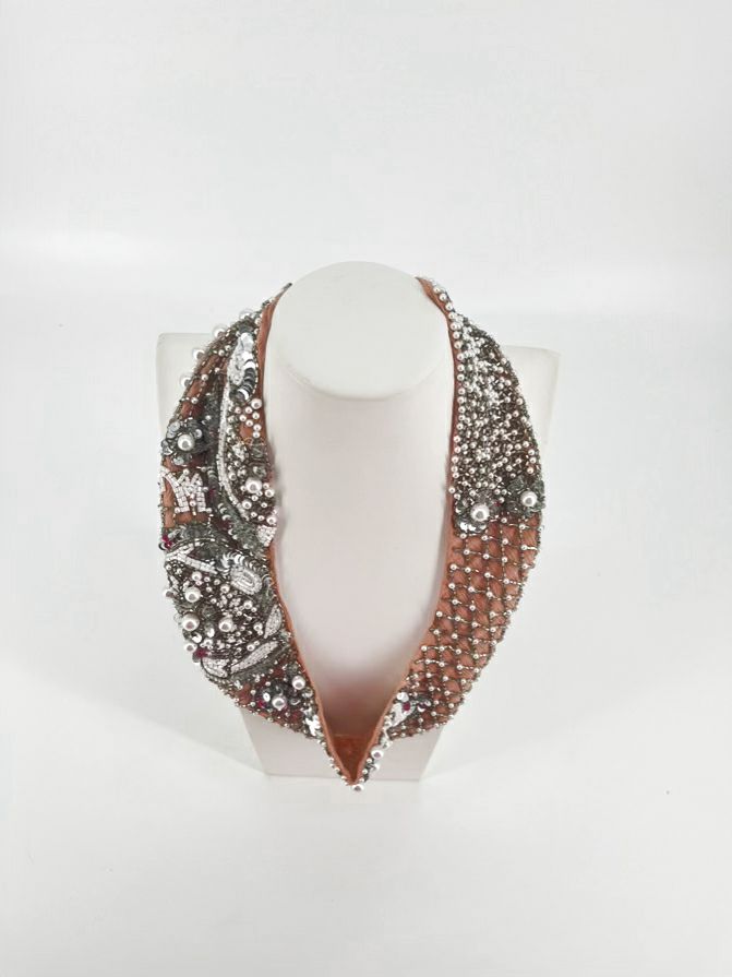 MIGNONNE GAVIGAN Tan Collar Necklace W/ Intricate Beadwork Design