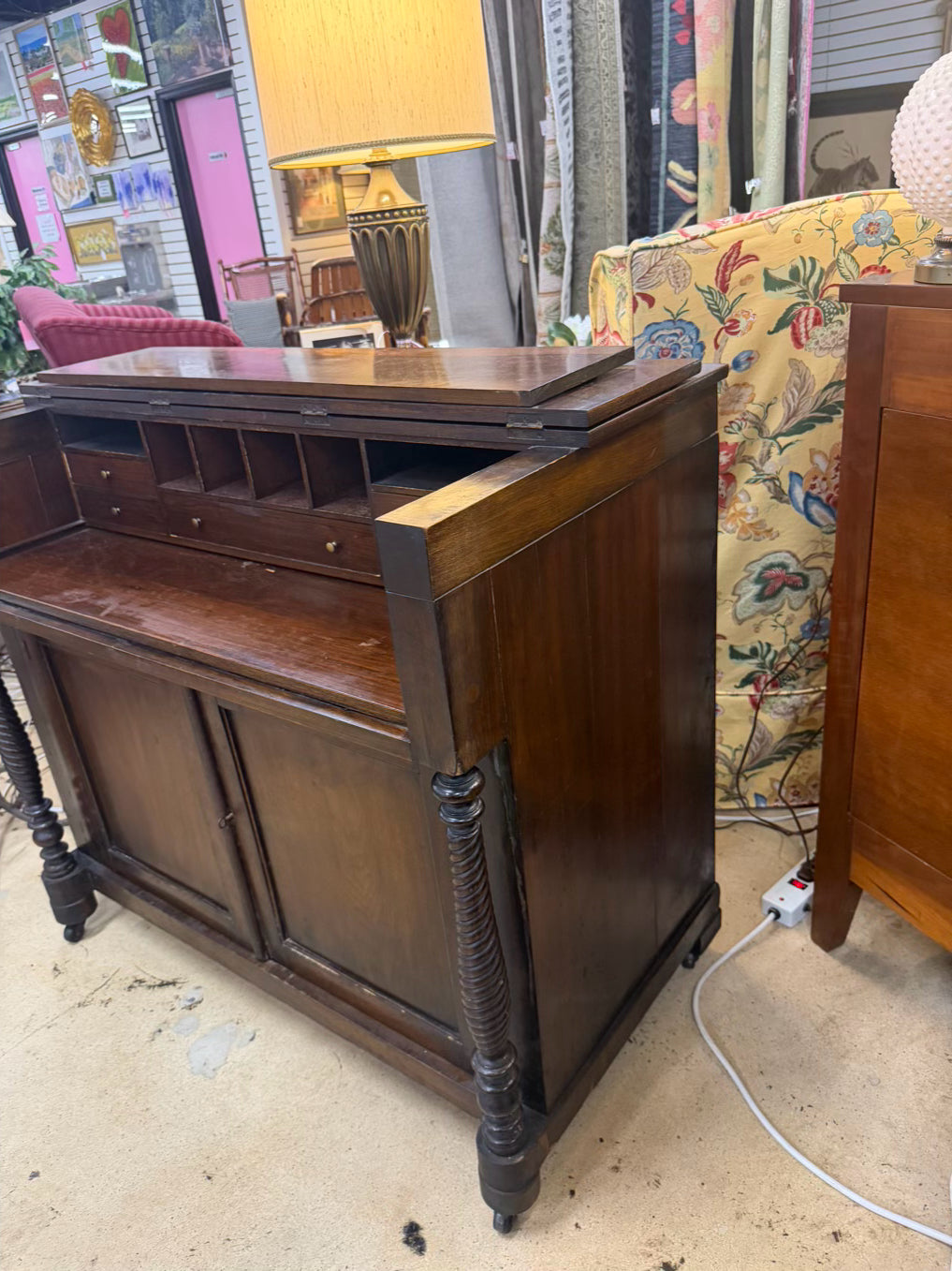Dark Wood Drop Front Desk w/ Lower Cabinet