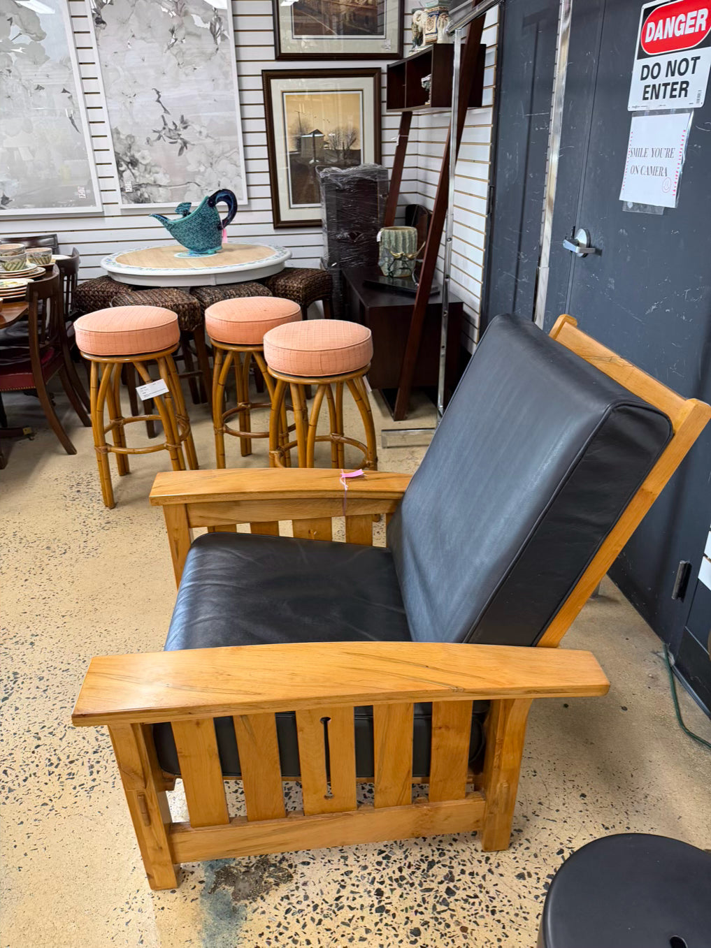HAND CRAFTED Light Maple William Morris Style Chair w/ Black Leather Cushions
