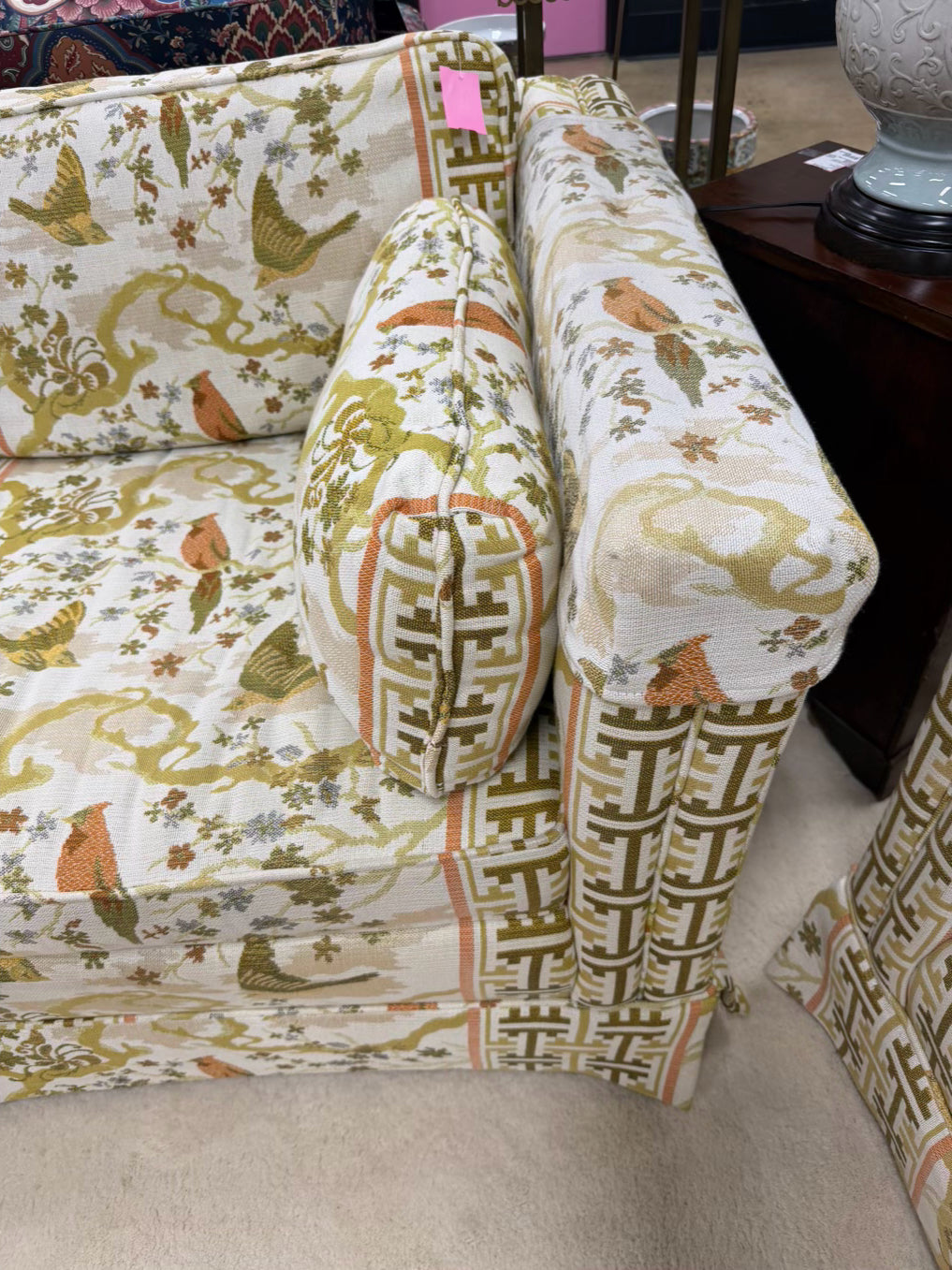 VINTAGE Cream, Gold, Green & Rust Birds Sofa w/ 3 Cushions