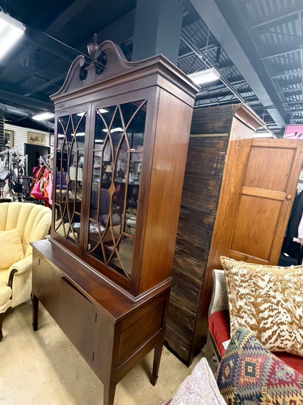 VINTAGE Dark Wood Cabinet w/ Glass Doors