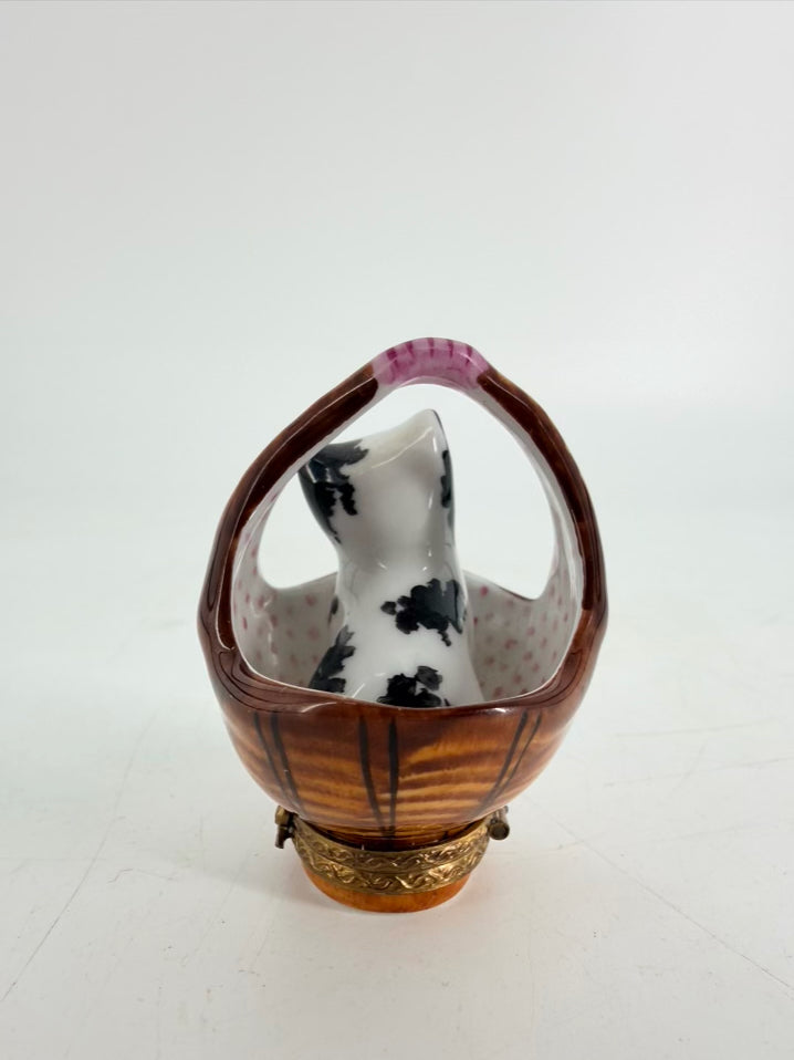 Limoges Black & White Porcelain Cat In Basket Trinket Box