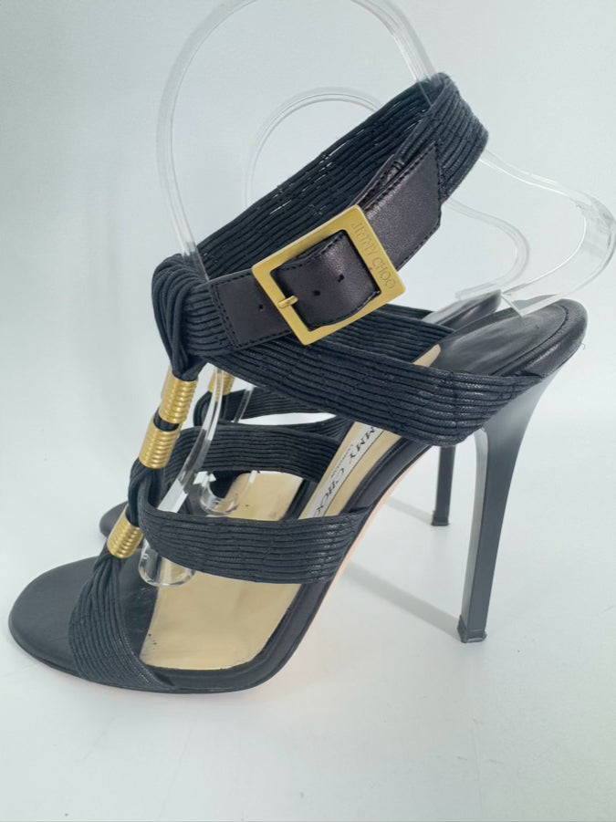 JIMMY CHOO Size 37.5 Black & Gold Leather Strappy Pumps